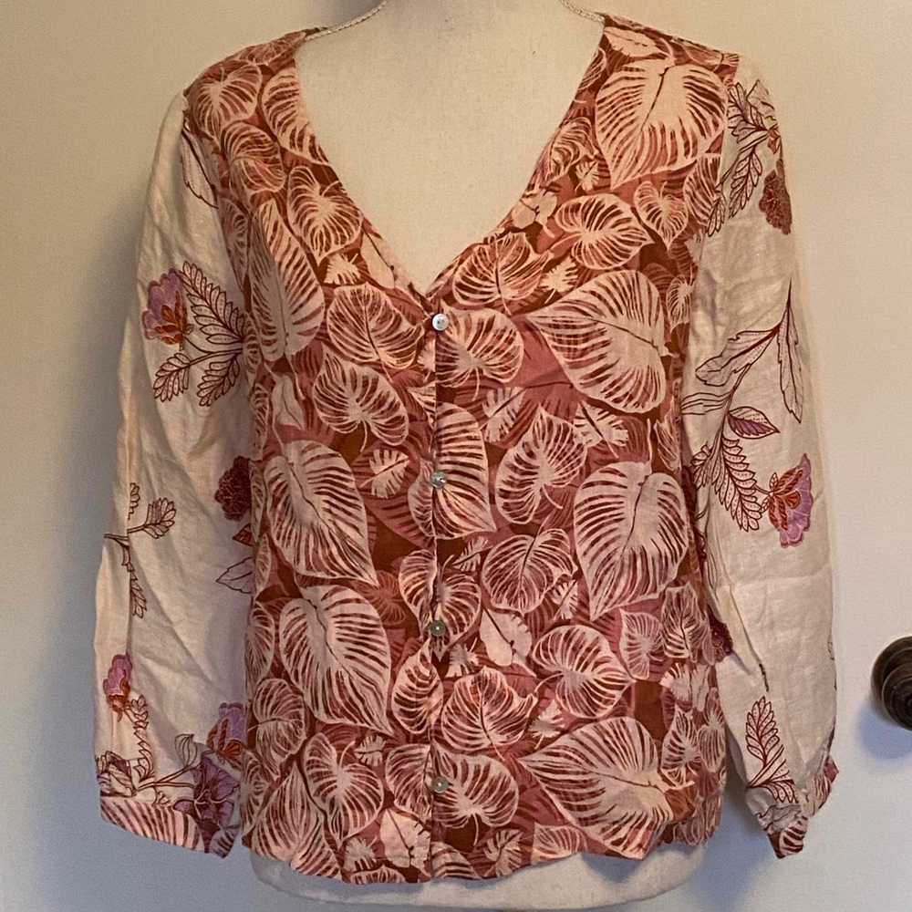 Tahari Pink Floral Leaf Print Linen Long Sleeve Button Front Blouse Top XS